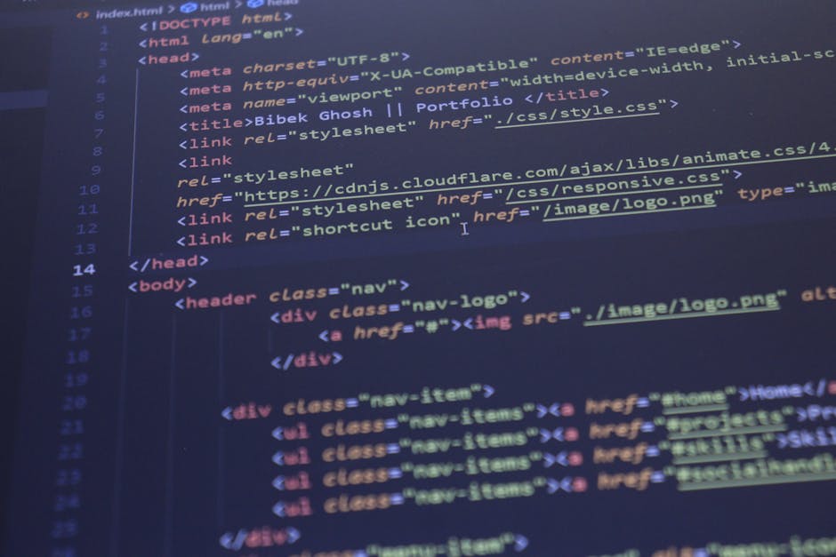 A computer screen displaying lines of HTML code in a text editor, with visible tags such as <html>, <head>, <title>, and <body>, highlighting the structure of a webpage. The interface shows a dark the